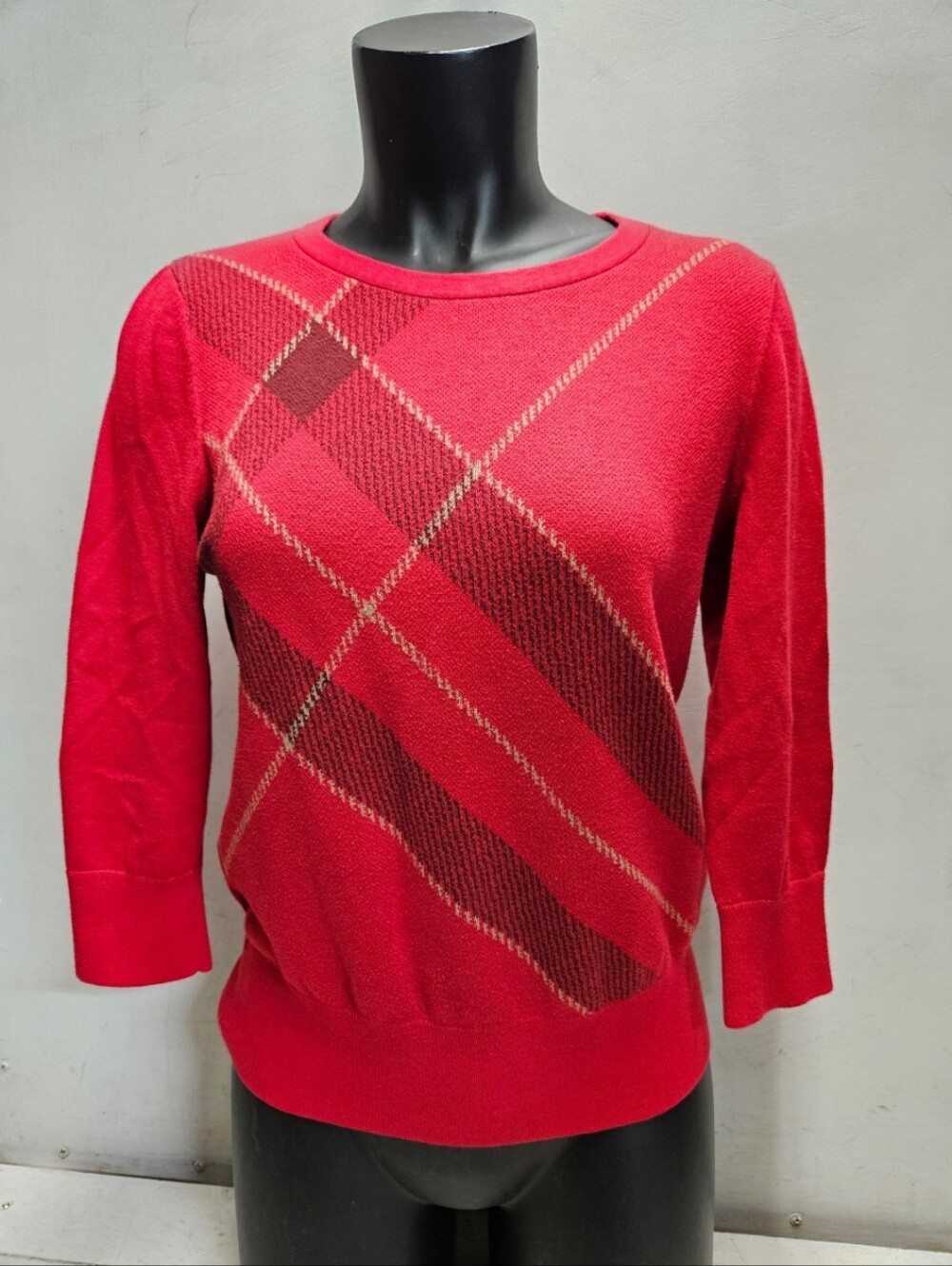 LANDS' END Womens Small red supima cotton sweater argyle preppy 3/4 sleeve